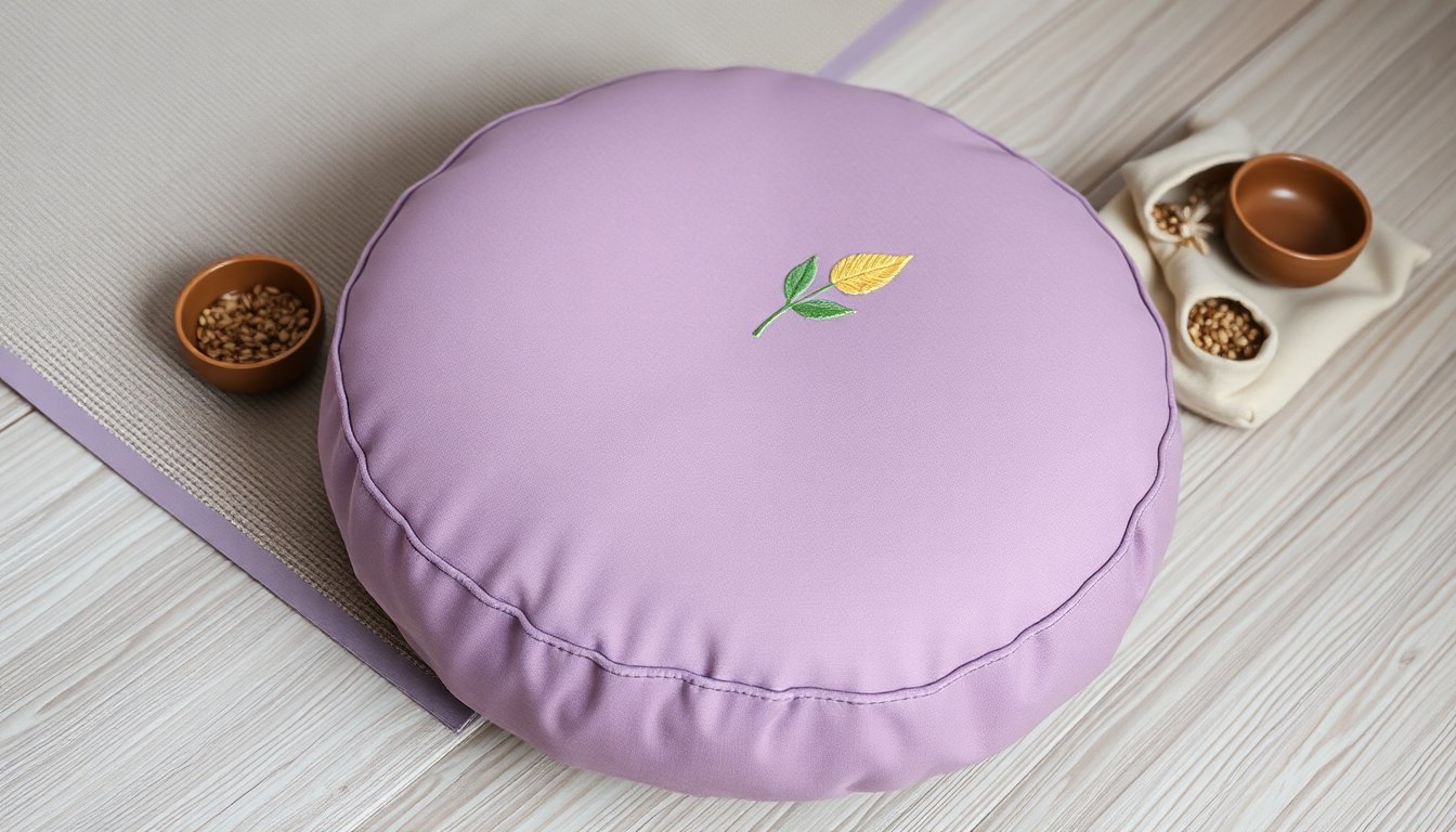 cuscino meditazione lilla con foglia di bodhi ricamata e fibra naturale 1771088249