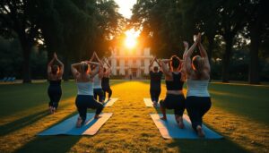 Pratica vinyasa al tramonto nel parco di Villa Angeletti
