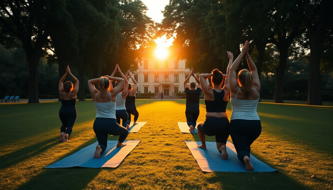 Pratica vinyasa al tramonto nel parco di Villa Angeletti